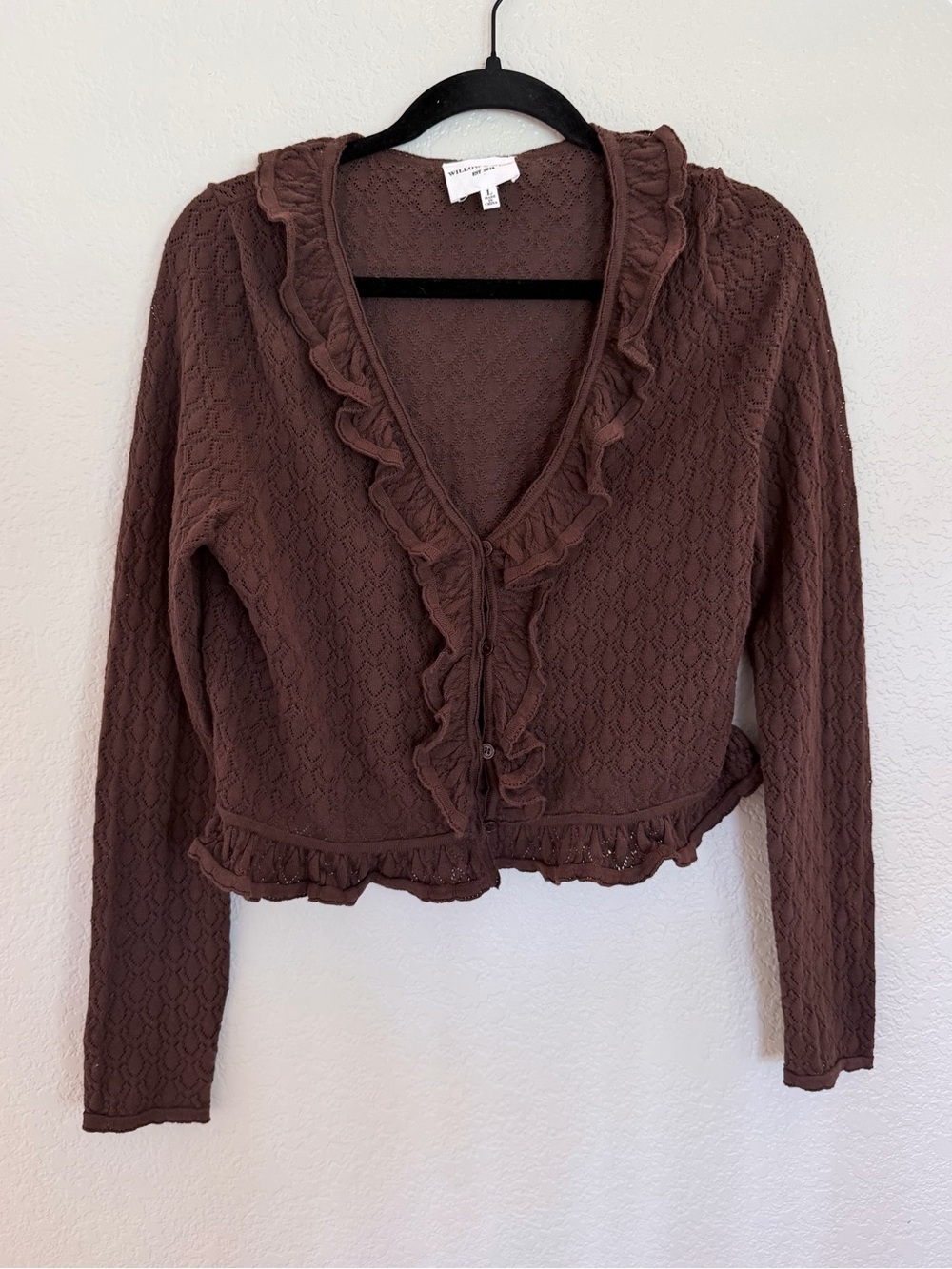 Willow & Wind Brown Crochet Cropped Ruffle Cardigan Large